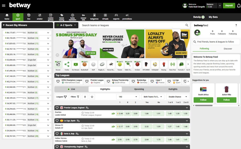 Betway desktop example that shows the desktop user experience as an example