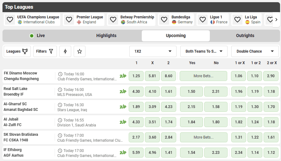 Betway odds and features example