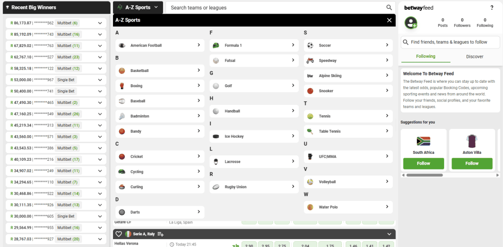 Betway South Africa sports market selection example