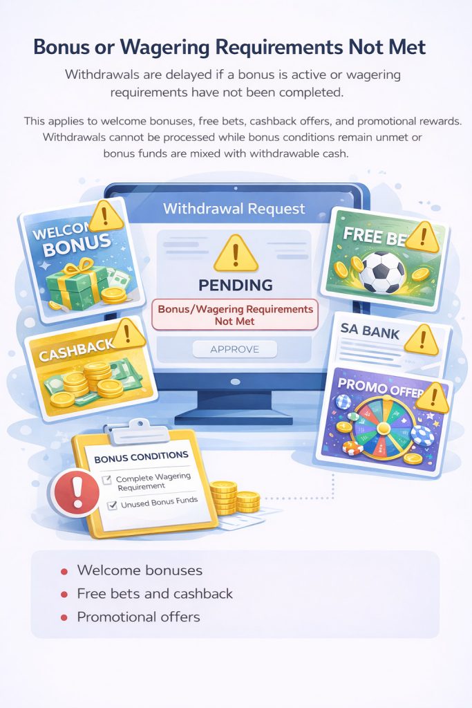 Illustration showing a betting site withdrawal delayed because bonus or wagering requirements have not been met in South Africa.