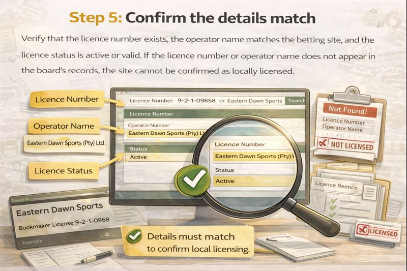 Illustration explaining how to confirm that betting site licence details match official gambling board records