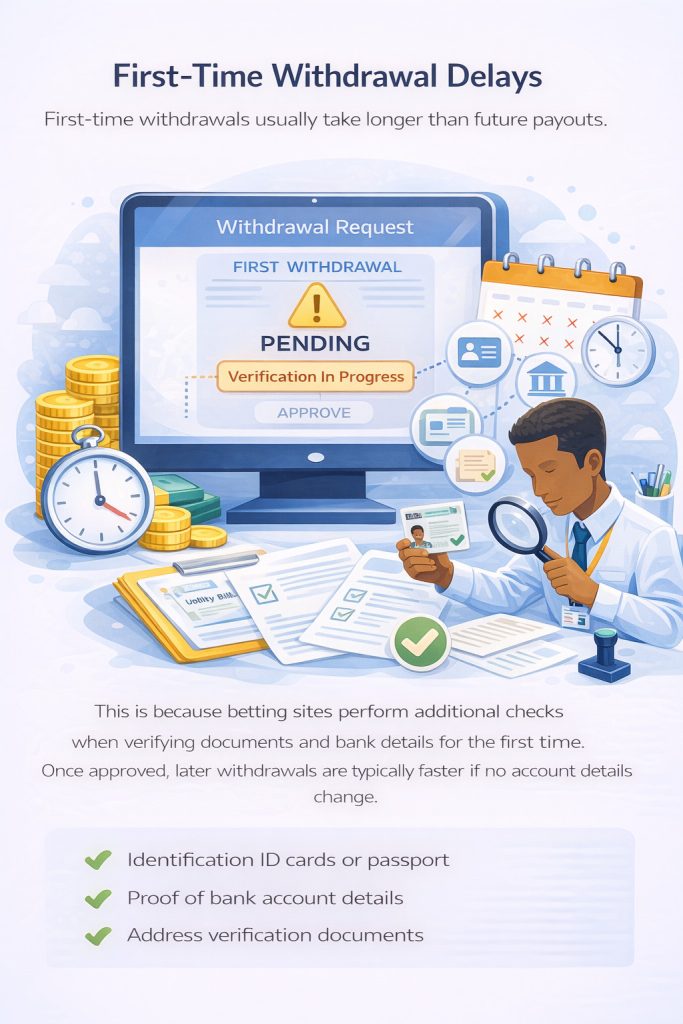 Illustration showing a first-time betting site withdrawal delayed due to initial verification checks in South Africa.