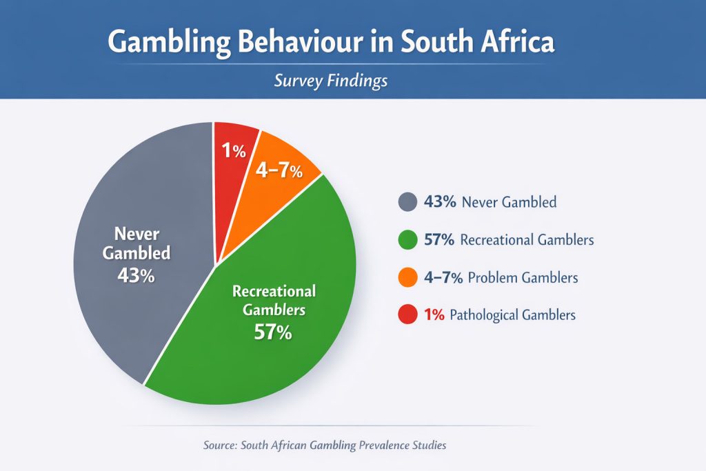 Pie chart showing gambling participation in South Africa, with most adults not gambling or gambling recreationally, and smaller portions representing problem gambling and gambling addiction.