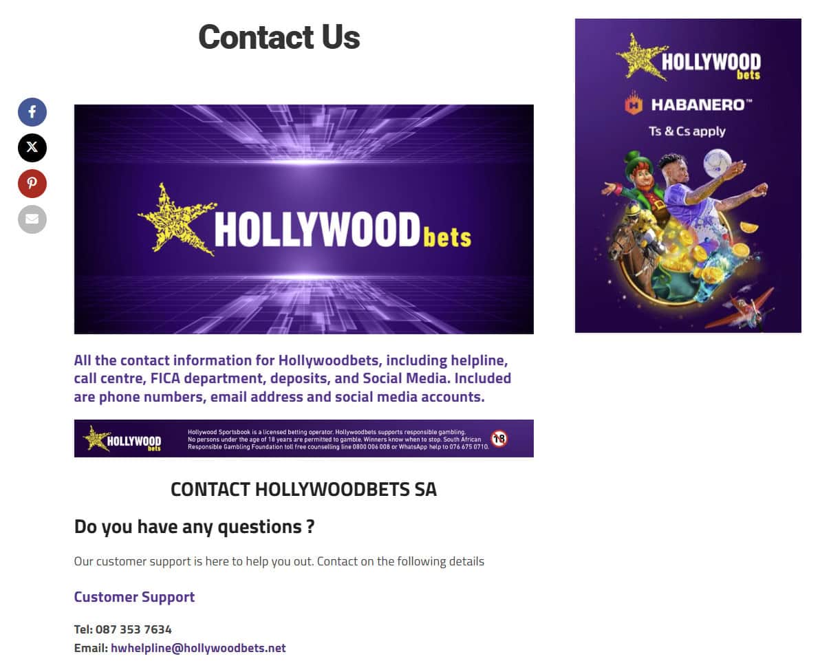 Hollywoodbets contact page example