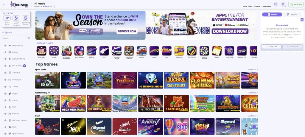 Hollywoodbets desktop interface example
