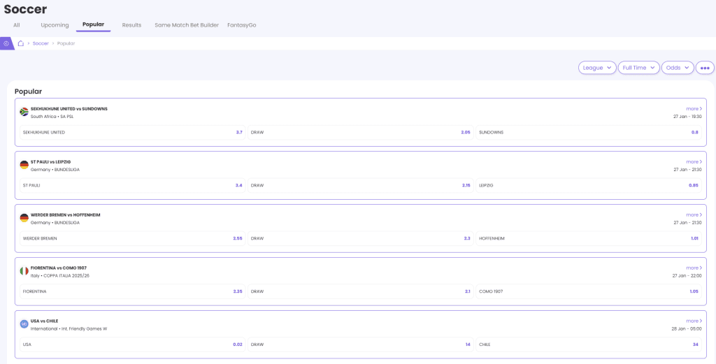 Hollywoodbets South Africa sports market selection example