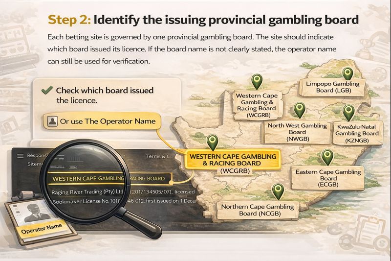 Illustration explaining how to identify the issuing provincial gambling board for a betting site licence.