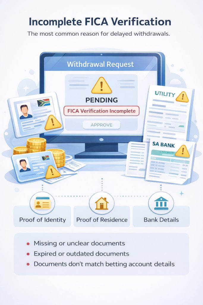 Illustration showing a delayed betting site withdrawal caused by incomplete FICA verification, including missing ID, proof of residence, and bank details in South Africa.