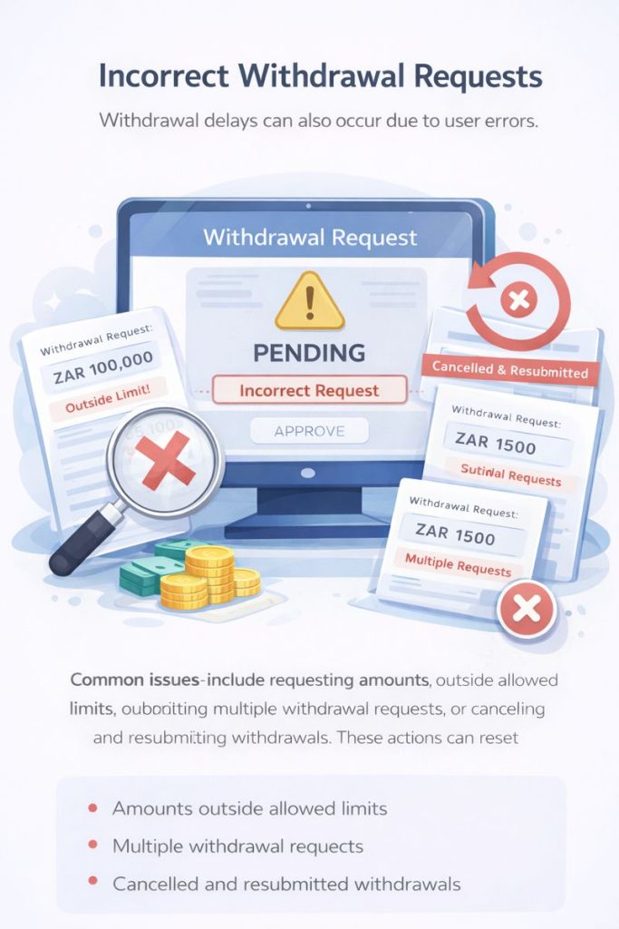 Illustration showing a betting site withdrawal delayed due to an incorrect withdrawal request, such as amounts outside limits or multiple submissions in South Africa.