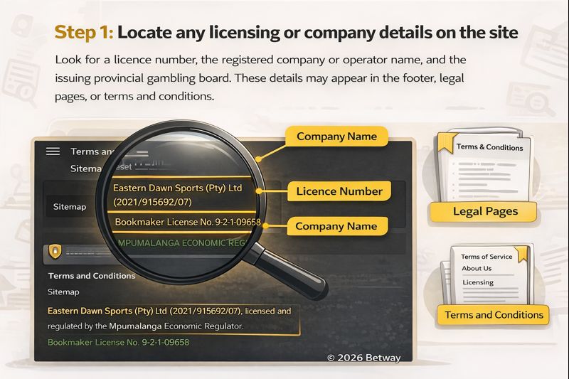 Illustration explaining where to find a South African betting site’s licence and company details.