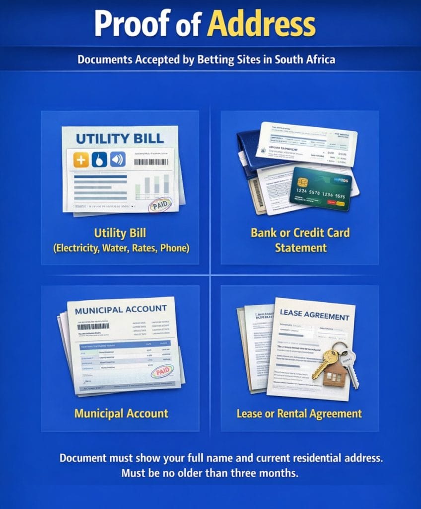 Proof of address documents accepted by betting sites in South Africa, including utility bills, bank statements, municipal accounts, and lease agreements