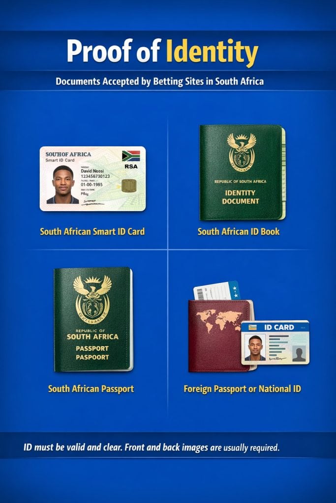 Proof of identity documents accepted by betting sites in South Africa, including South African ID card, ID book, passport, and foreign national ID