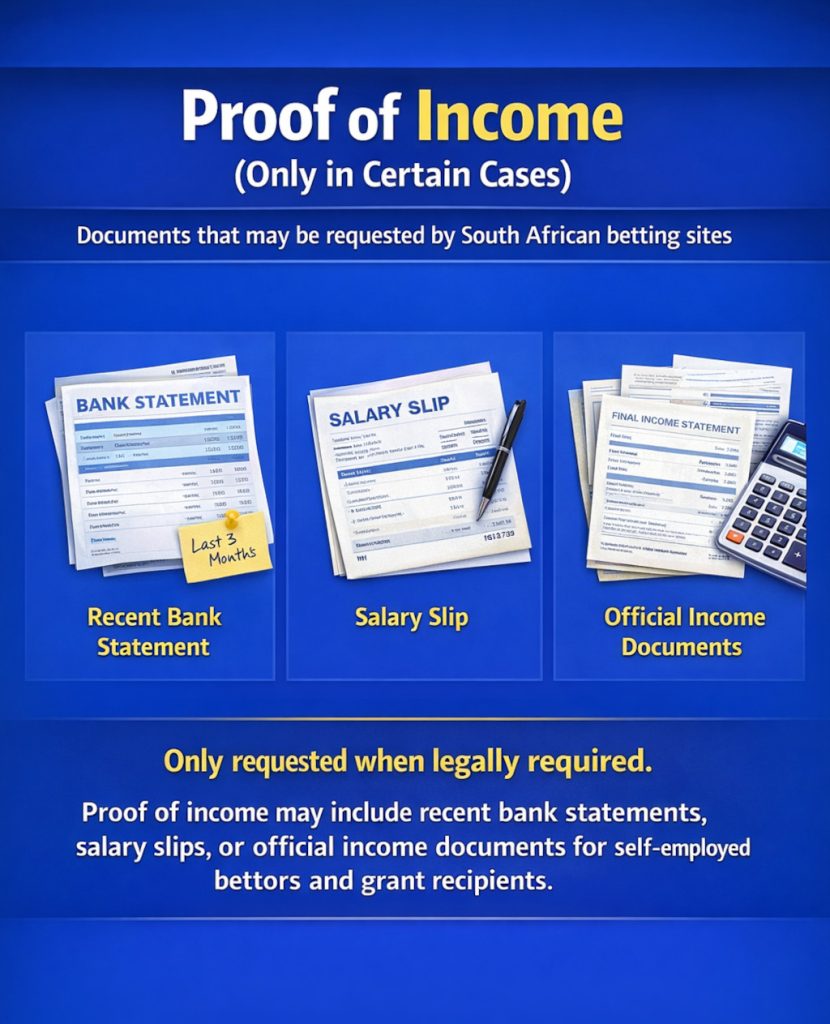 Proof of income documents that may be requested by betting sites in South Africa, including bank statements, salary slips, and official income documents
