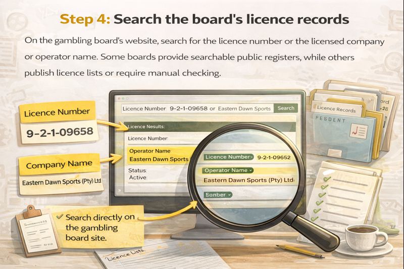 Illustration explaining how to search gambling board licence records by licence number or company name