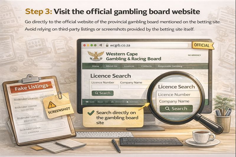 Illustration explaining how to verify a betting site licence by visiting the official gambling board website