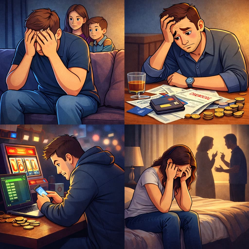 Cartoon-style illustration showing signs of problem gambling, including social isolation, financial stress, anxiety, and excessive gambling behaviour.