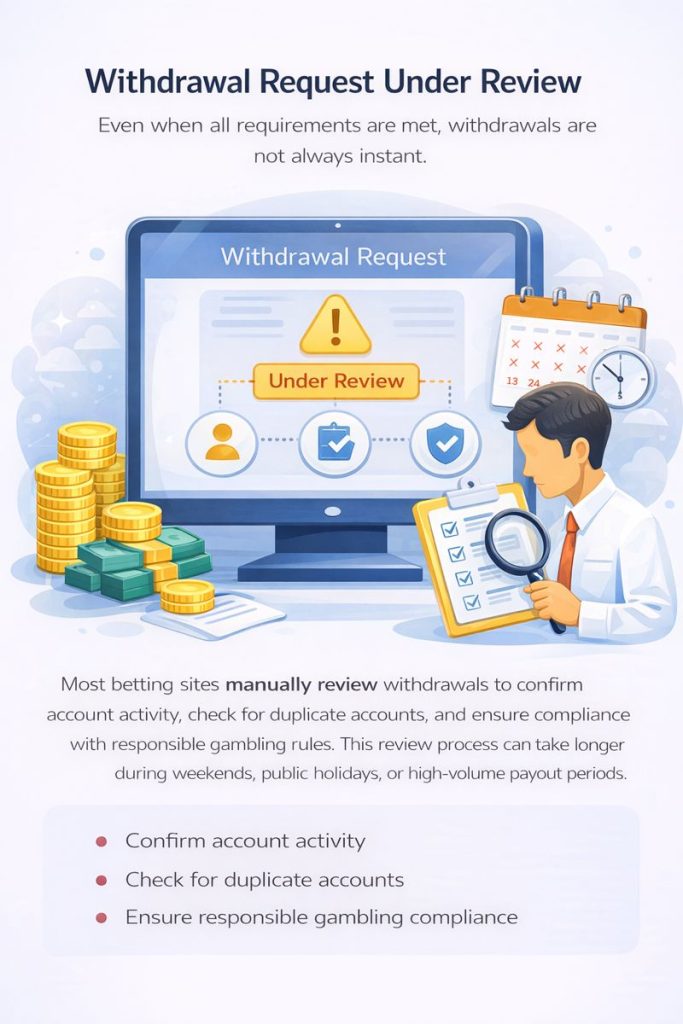 Illustration showing a betting site withdrawal under review, where payouts are delayed due to manual checks on licensed South African betting sites.