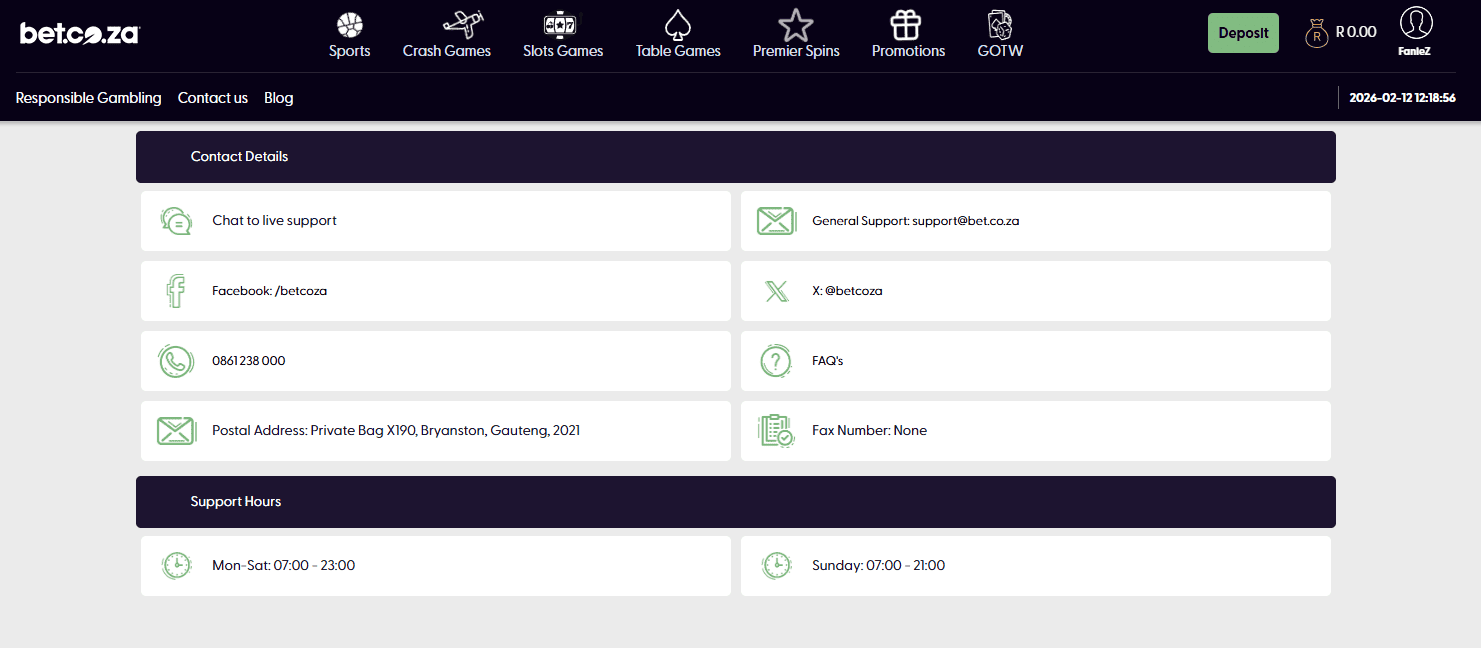 Betcoza South Africa review cotact page and support example