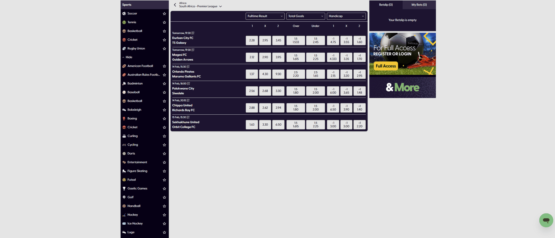 Betcoza South Africa odds display example