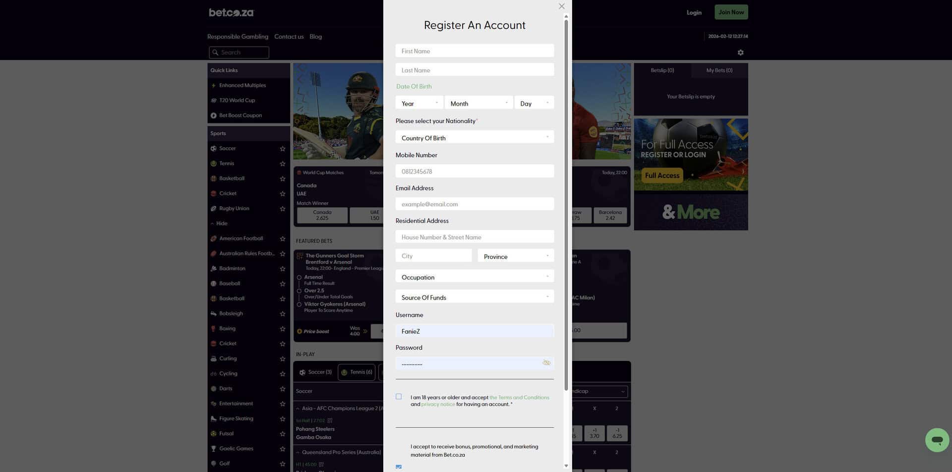 Betcoza South Africa review registration example