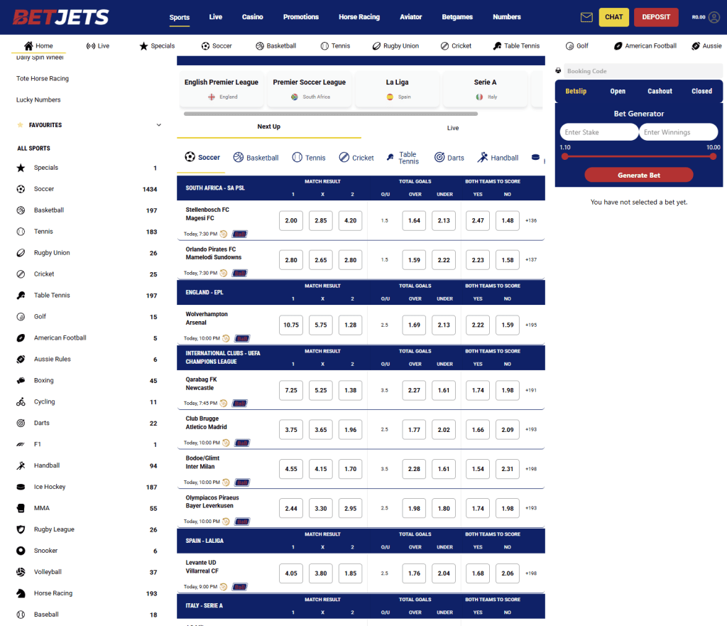 BetJets South Africa review available sports example