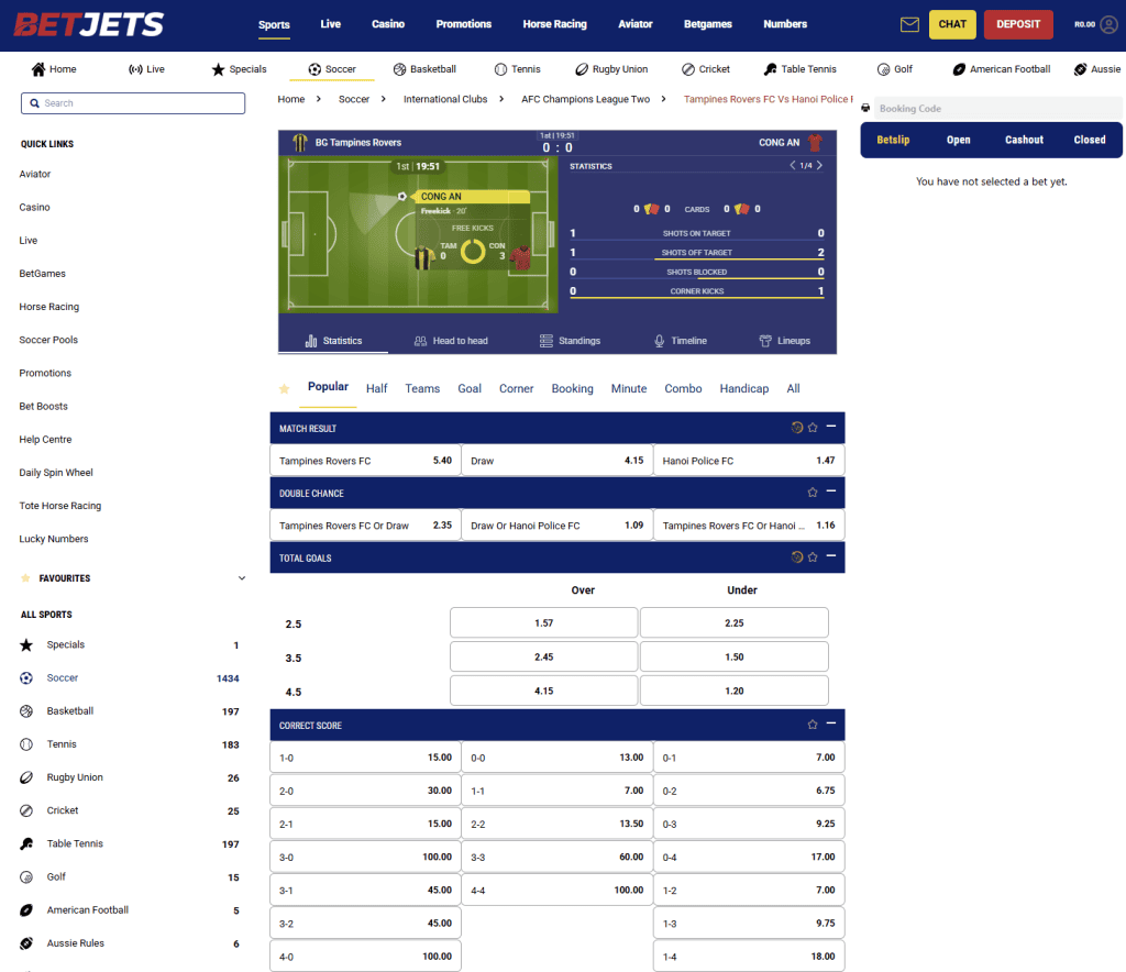 BetJets South Africa review live betting example