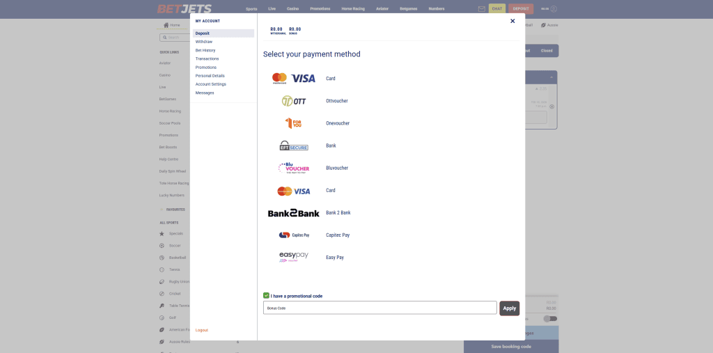 BetJets South Africa review payment methods example