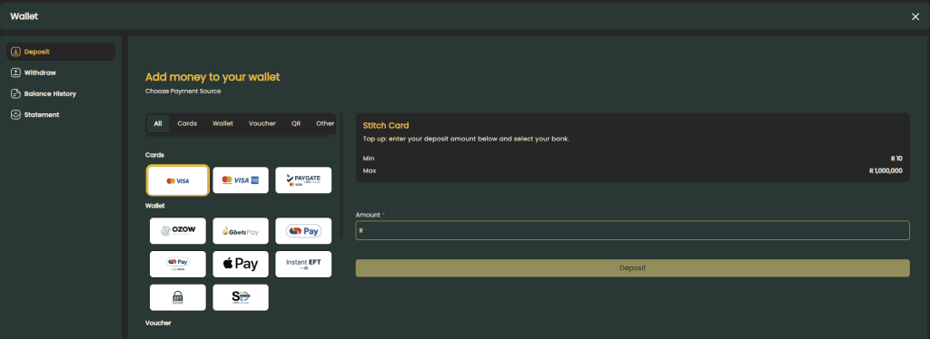 Gbets South Africa deposit and withdrawal page
