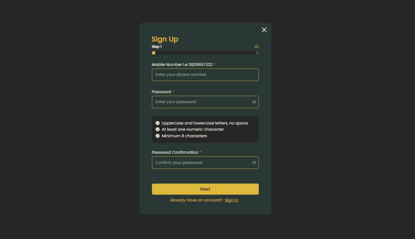 Gbets South Africa Signup page example