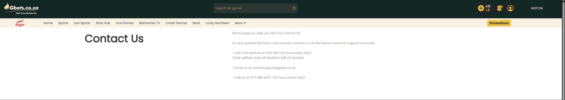 Gbets South Africa contact page example
