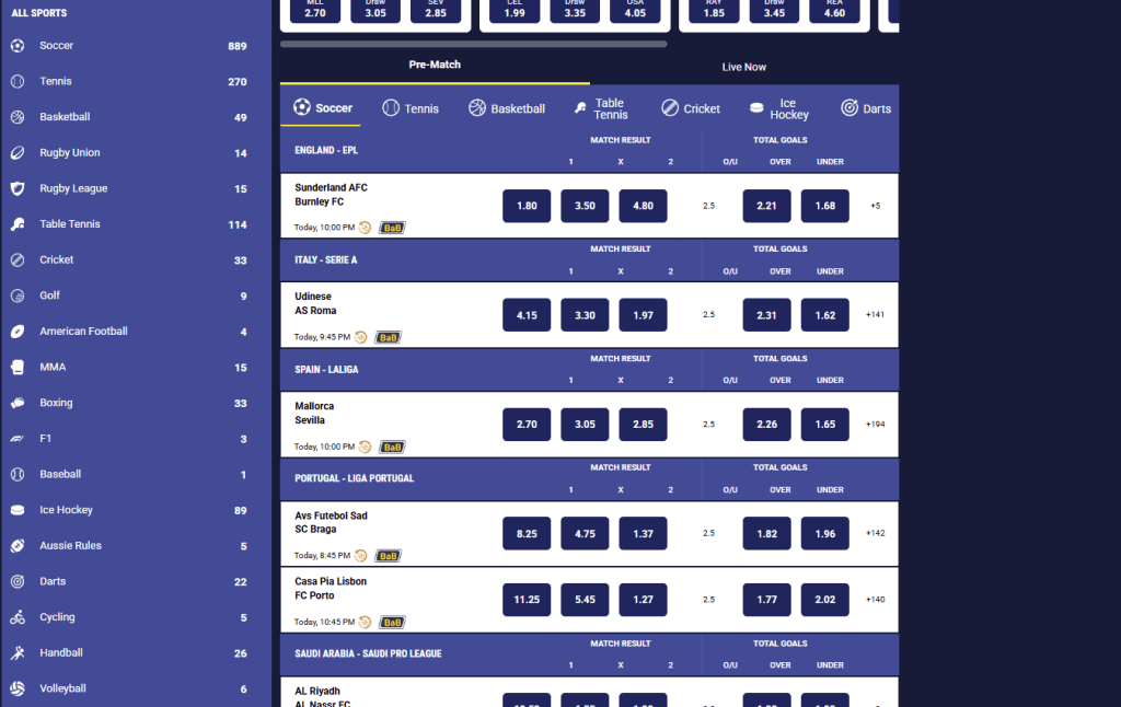Lulabet South Africa available sports markets
