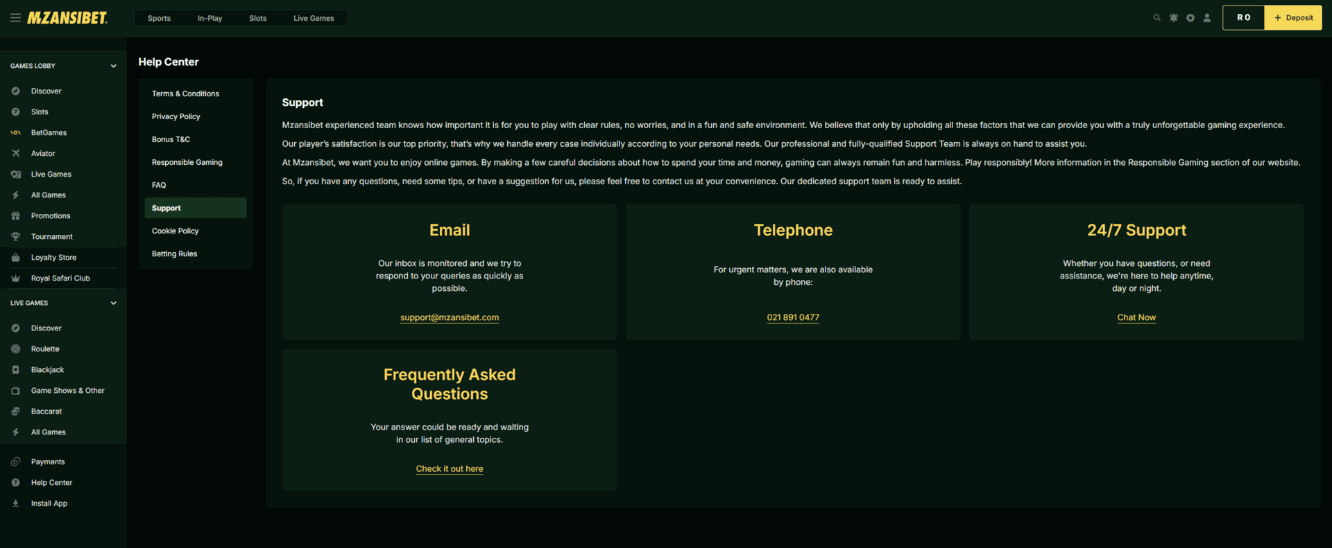 Mzansibet South Africa review customer support page example