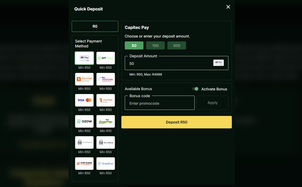 Mzansibet South Africa review deposits example