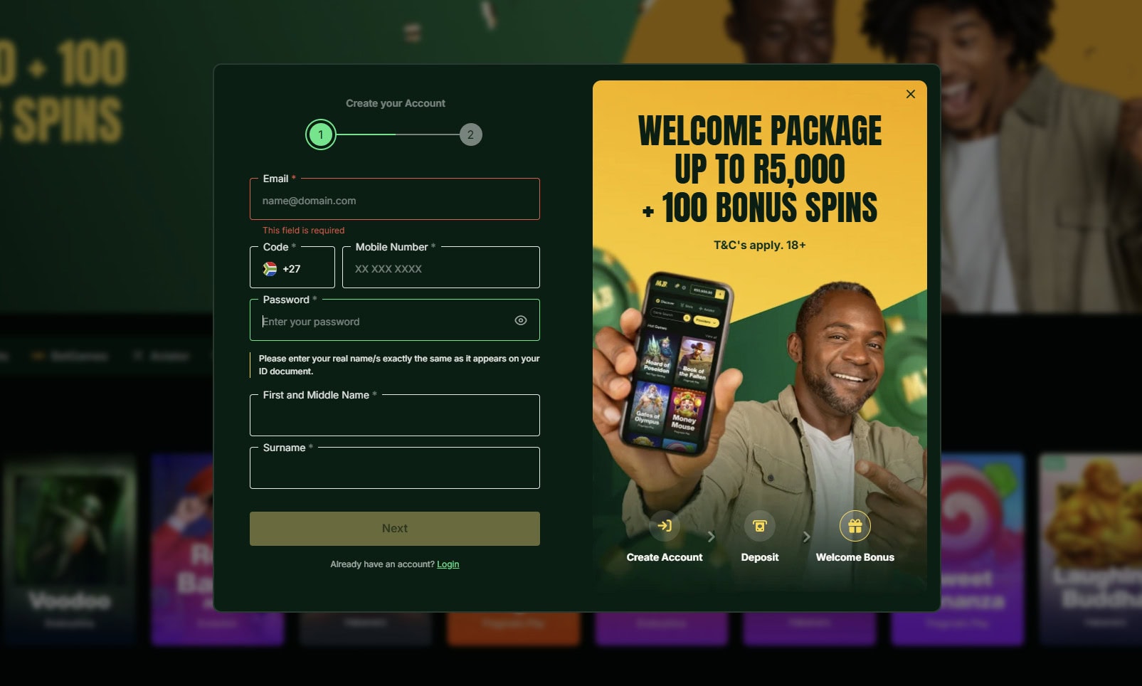 Mzansibet South Africa registration example
