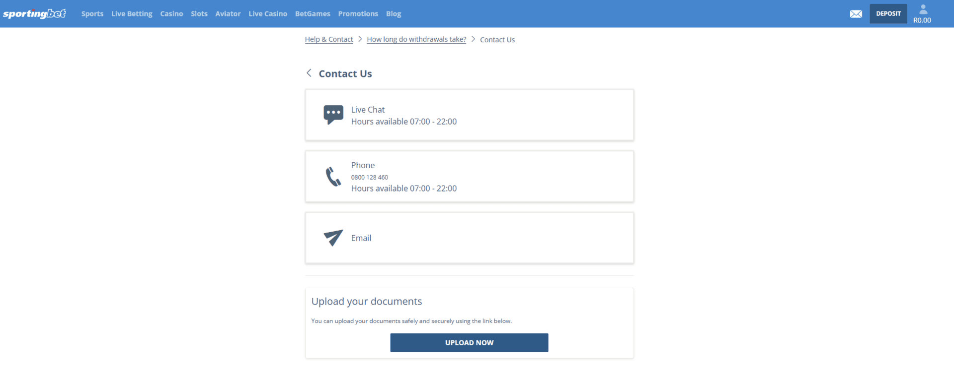 Sportingbet South Africa review contact info page example