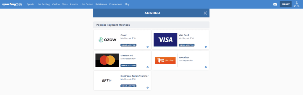 Sportingbet South Africa payment methods example