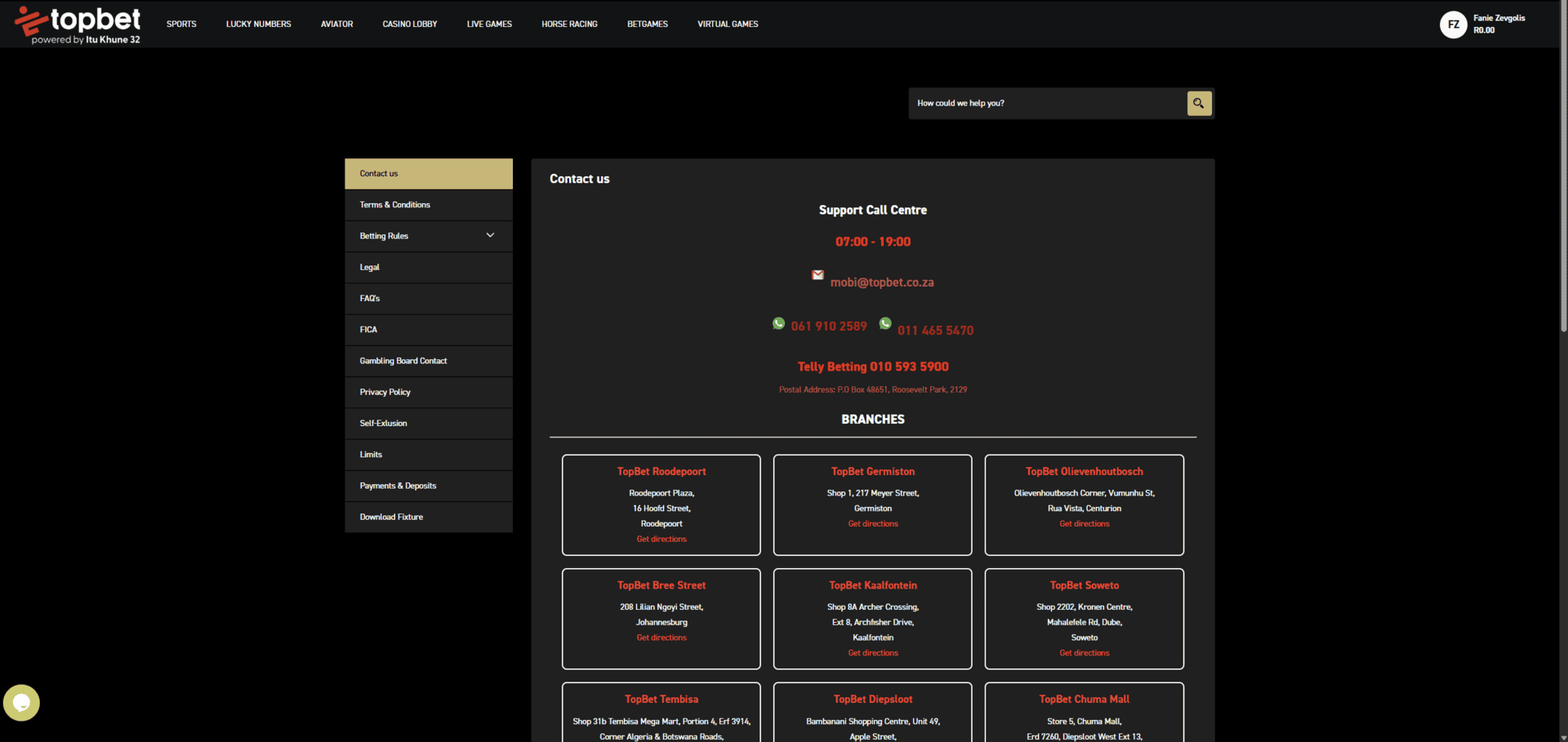 Topbet South Africa review contact page example