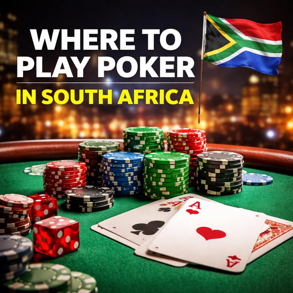 poker table, chips, cards and a south african flag illustrating where to play poker in South Africa