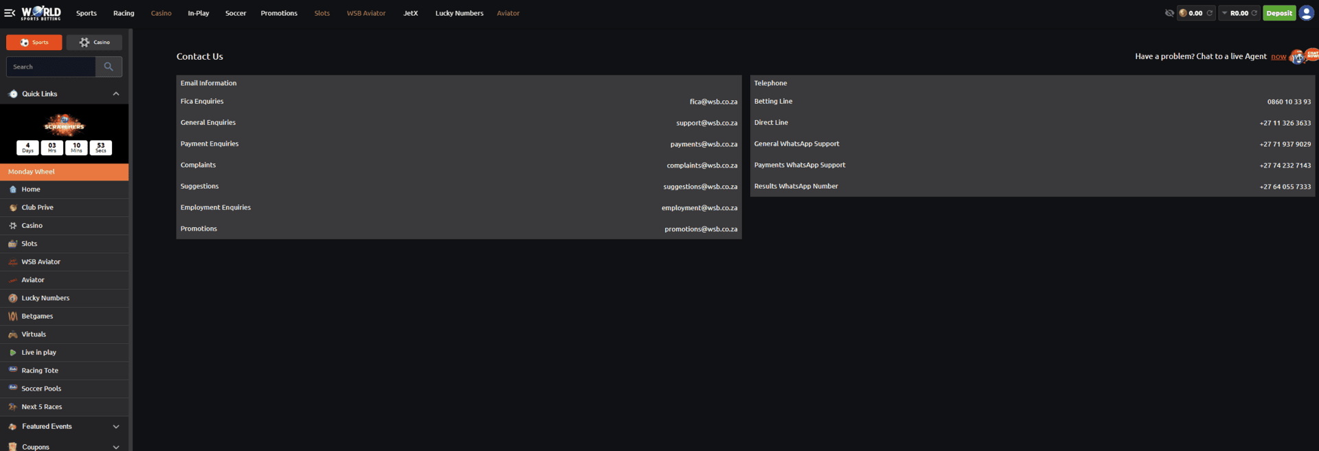 World Sports Betting South Africa contact page example