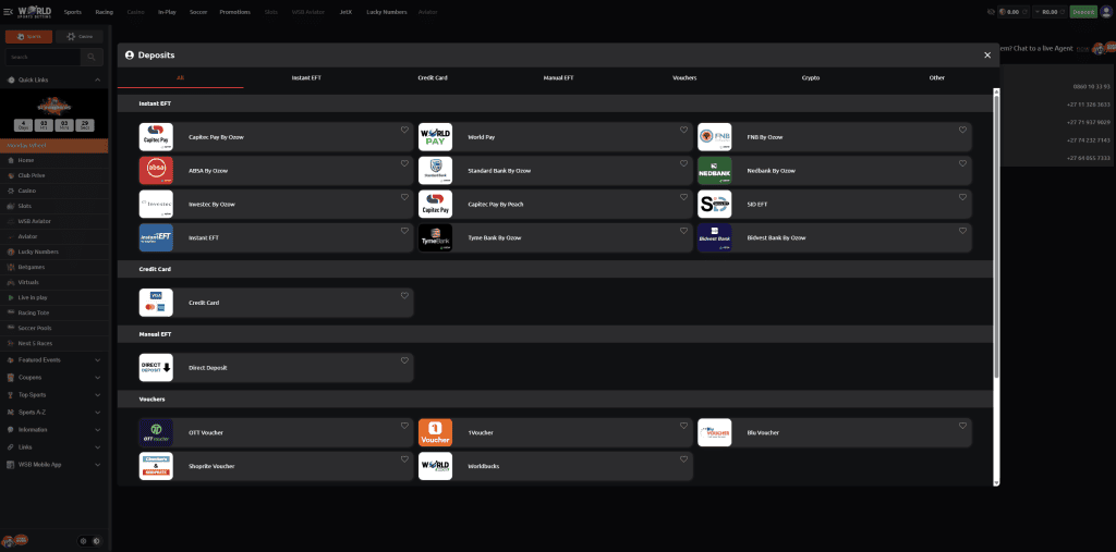 World Sports Betting South Africa review payment methods example