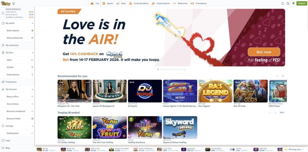 YesPlay South Africa desktop view example