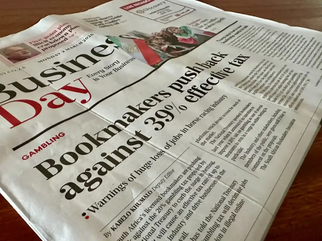 gambling tax South Africa Business Day newspaper article showing 39% effective tax proposal
