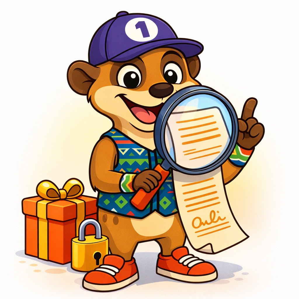 Lucky the meerkat reviewing a contract with magnifying glass, gift box and padlock, illustrating betting bonus terms and conditions South Africa