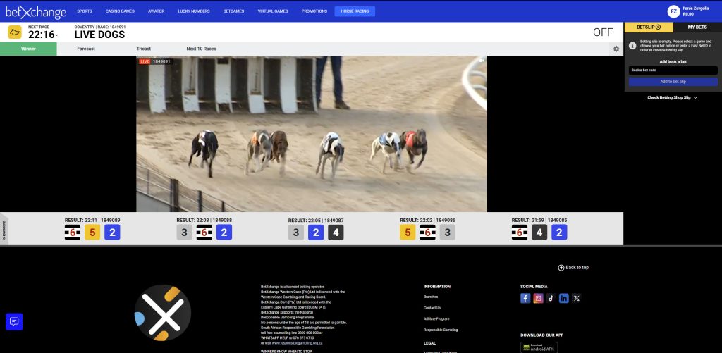 betXchange South Africa review live dog racing page