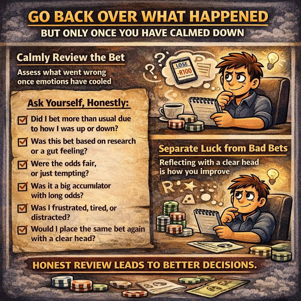 What to do after losing a bet infographic showing how bettors should review their bet calmly and learn from mistakes after a loss