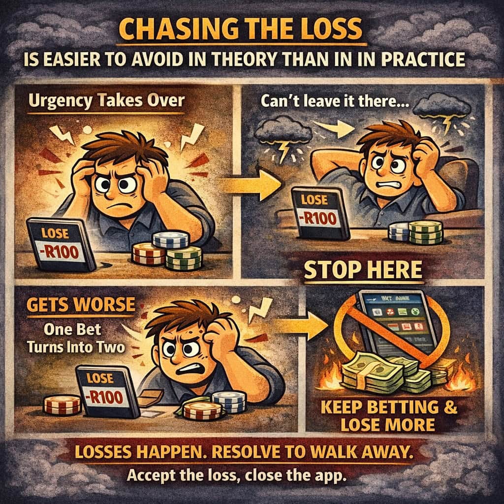 What to do after losing a bet infographic showing how chasing losses leads to bigger losses and why bettors should stop and walk away