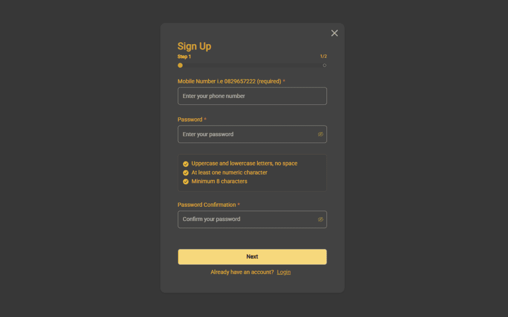 Goldrush South Africa review signup page example