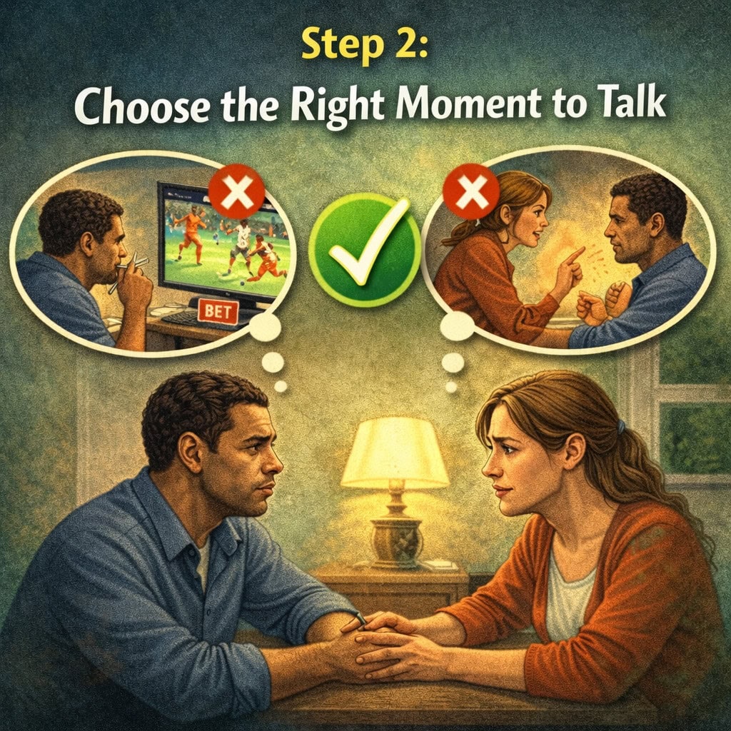 A man and a woman with locked hands sitting together illustrating how to help someone who has a gambling problem