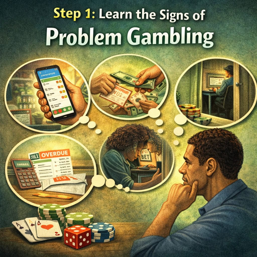 A man thinking about someone with a gambling problem step 1 illustrating how to help someone with a gambling problem