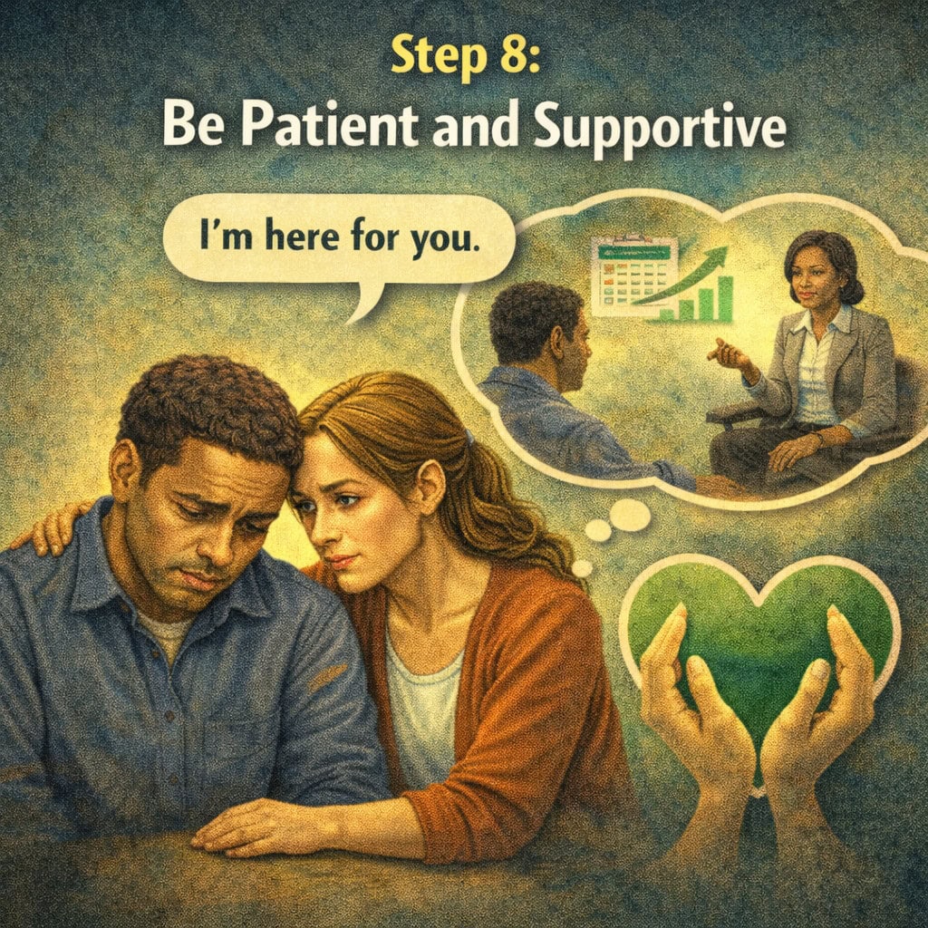 A woman leaning on a mans shoulder supporting him illustrating how to help someone with a gambling problem